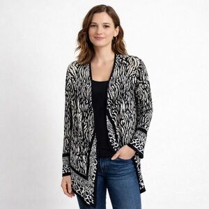 Belldini Animal Print Open Front Cardigan Black White Draped Lightweight Womens